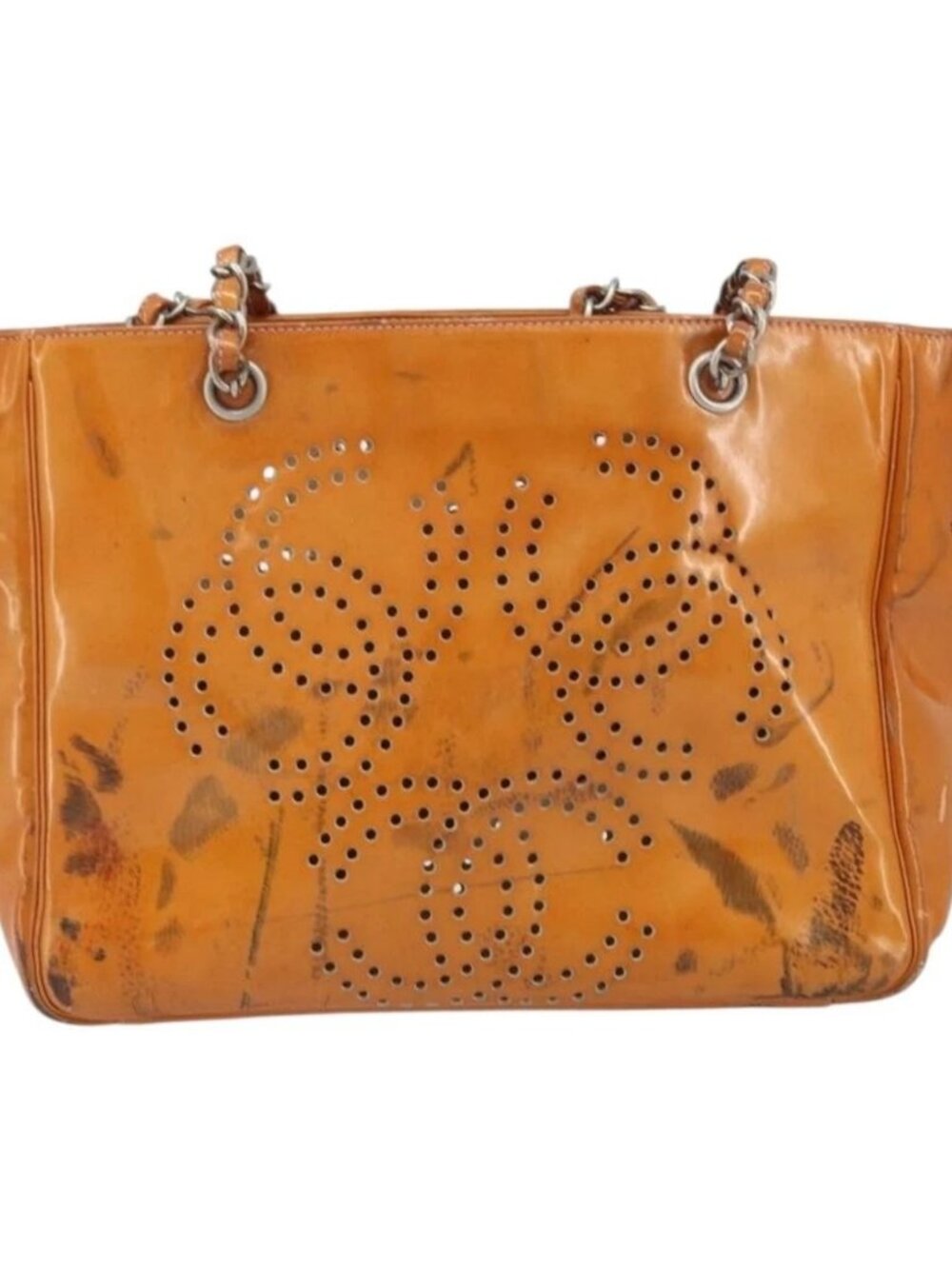 CHANEL Chain Tote Bag Patent leather Orange Silver CC Auth 169018 - Picture 3 of 16